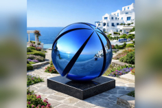 Blue Grooved Ball- Abstract Sculpture with Radial Geometry